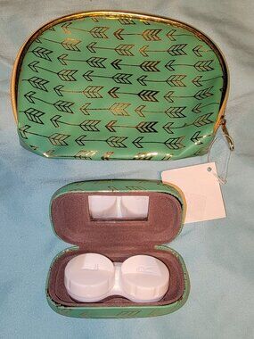 New Contact Lens Case And Travel Pouch mint Green metallic Gold!  Cute Set!